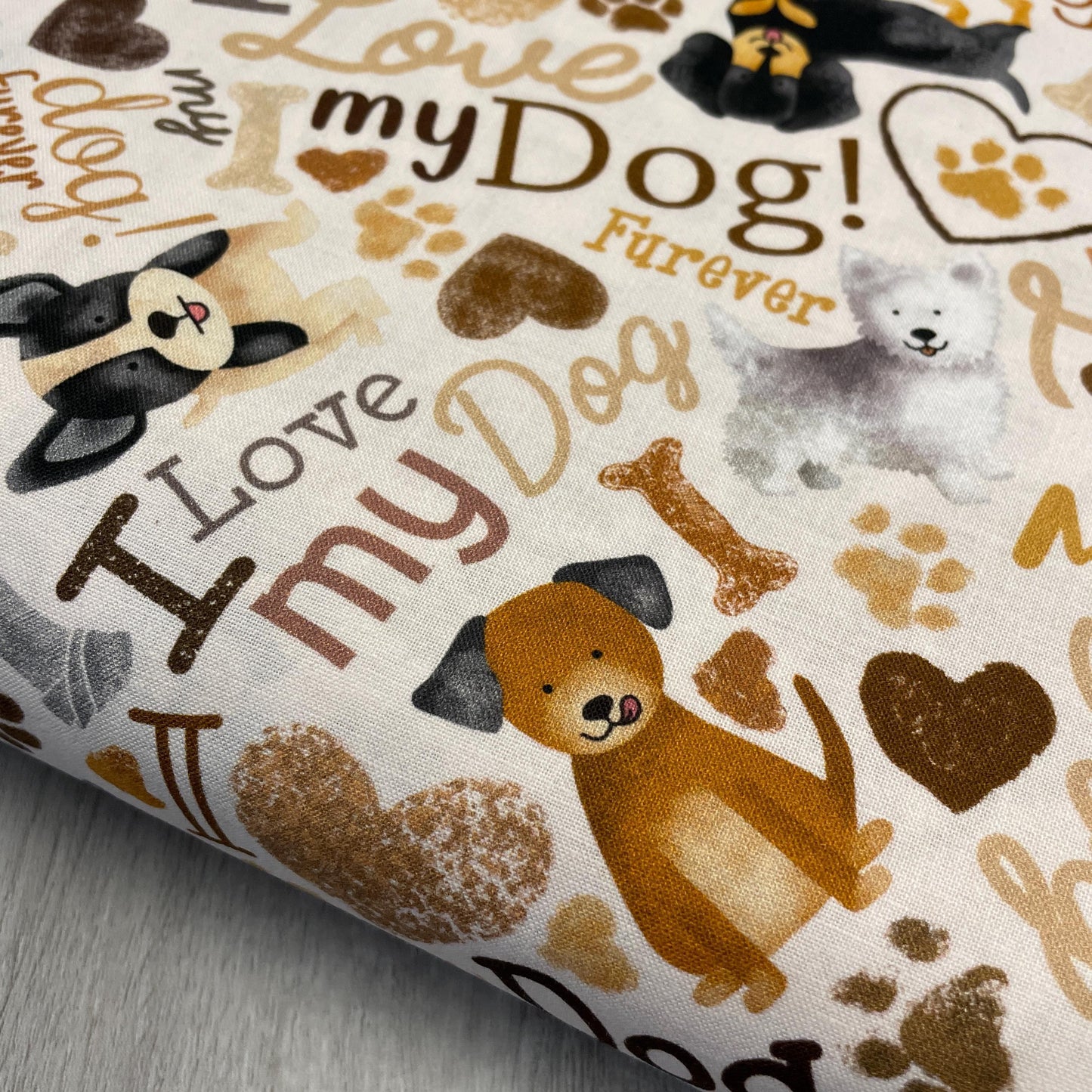 Tossed Dogs & Words - Happiness Has Paws - Timeless Treasures - 100% Cotton - I love my dog