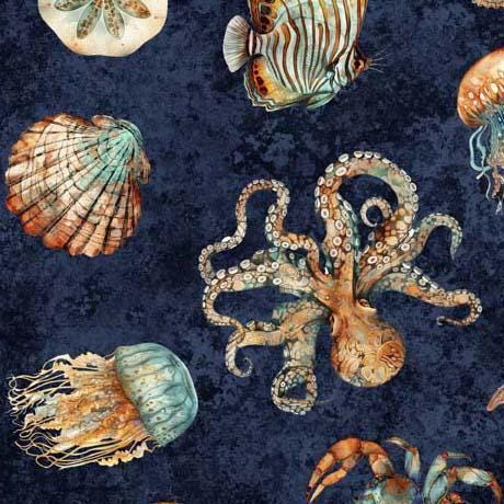 Sea Creature Fabric - Navy - QT Fabrics - 100% Cotton - Ocean Life