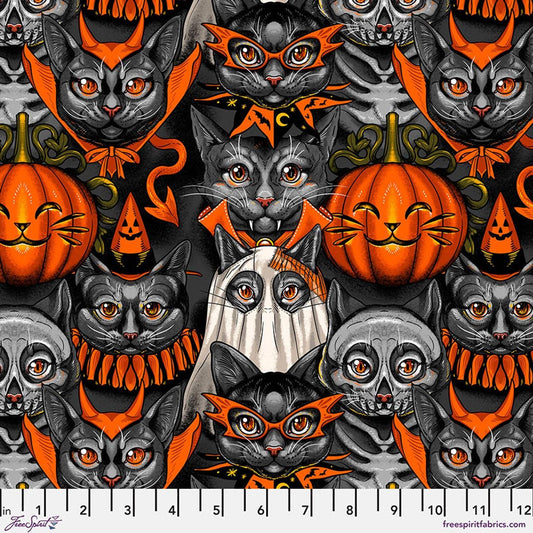 Halloween Fabric - Costume Party Cats - 100% Cotton - FreeSpirit - Costumes & Cobwebs