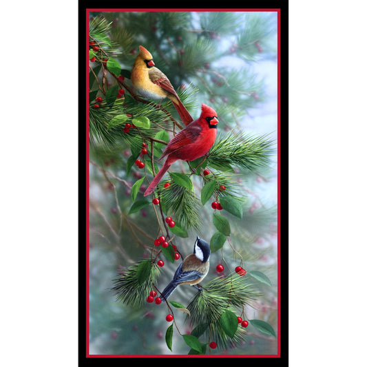 Cardinal Fabric Panel - 24" x 44" - 100% cotton - Birds & Berries - Elizabeth's Studio