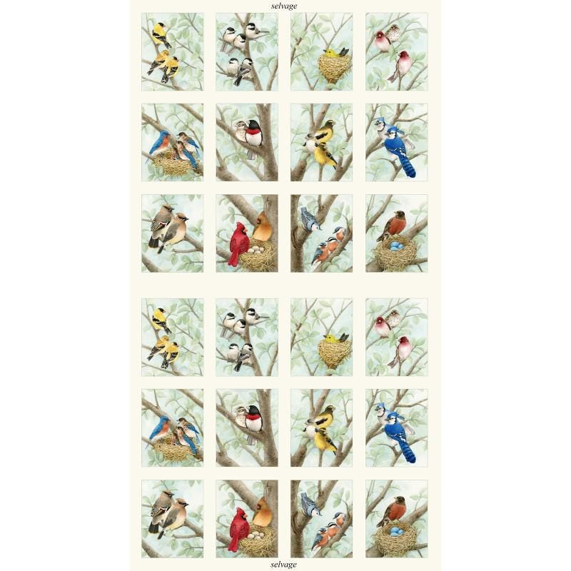 Bird Fabric Panel 24" x 42" - 100% Cotton - Beautiful Birds - Elizabeth's Studio