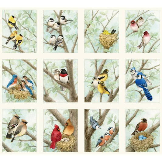 Bird Fabric Panel 24" x 42" - 100% Cotton - Beautiful Birds - Elizabeth's Studio
