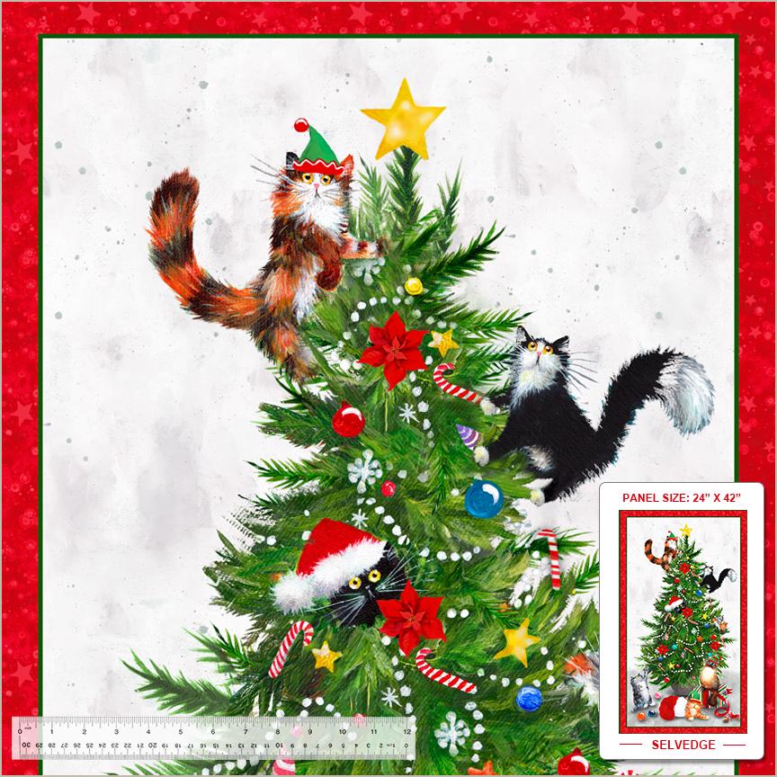 Christmas Cat Fabric Panel - 24" x 42" - Windham Fabrics - Meowy Christmas 54482DP-1 White