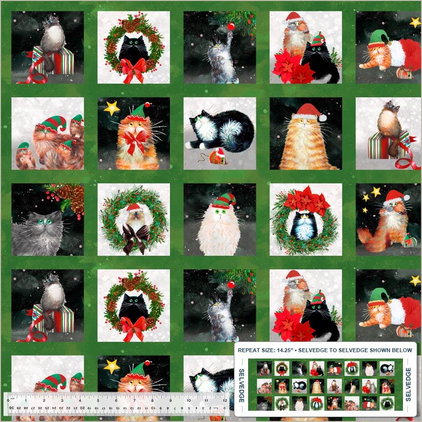 Meowy Christmas - Festive Felines - 100% cotton fabric - Windham Fabrics - 54483-2 Pine