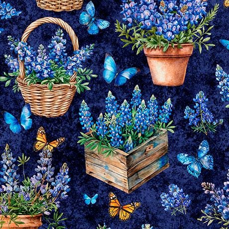 Bluebonnet Flower Fabric - QT Fabrics - 100% Cotton - Texas State Wildflowers Monarch butterfly