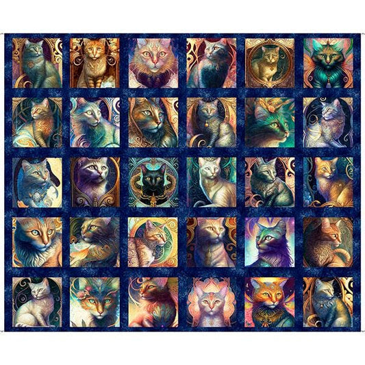 Cat Fabric Panel 43" x 36" - 100% cotton - Feline Fantasia - Small Cat Picture Patches - Navy