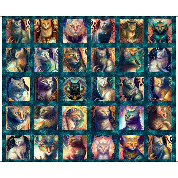 Cat Fabric Panel 43" x 36" - 100% cotton - Feline Fantasia - Small Cat Picture Patches - Teal
