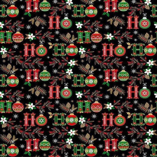 HoHo Text Fabric - METALLIC - Christmas Magic - Timeless Treasures