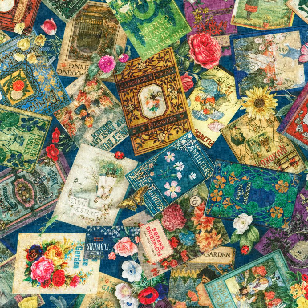 Gardening Book Fabric - Tales from the Garden - Robert Kaufman - 100% Cotton - Reading Classic Literature Poetry - ATXD-23000-238 GARDEN