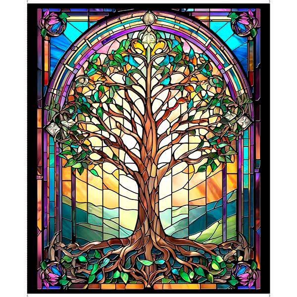 Tree stained glass FABRIC PANEL - 36" x 42" - 100% Cotton - Tree of Life - QT Fabrics