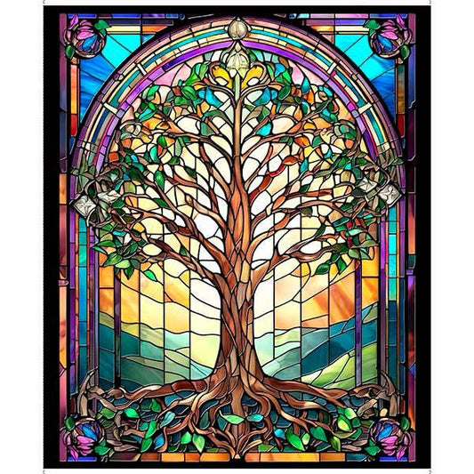 Tree stained glass FABRIC PANEL - 36" x 42" - 100% Cotton - Tree of Life - QT Fabrics