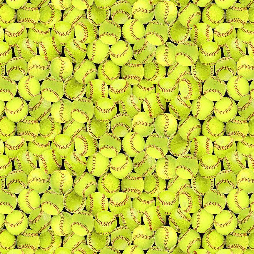 May include: A repeating pattern of yellow softballs with red stitching. The softballs are tightly packed together, filling the frame. The yellow color of the softballs is consistent throughout the image. The red stitching is visible on each ball, adding detail to the design. The background is black.