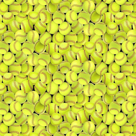 May include: A repeating pattern of yellow softballs with red stitching. The softballs are tightly packed together, filling the frame. The yellow color of the softballs is consistent throughout the image. The red stitching is visible on each ball, adding detail to the design. The background is black.