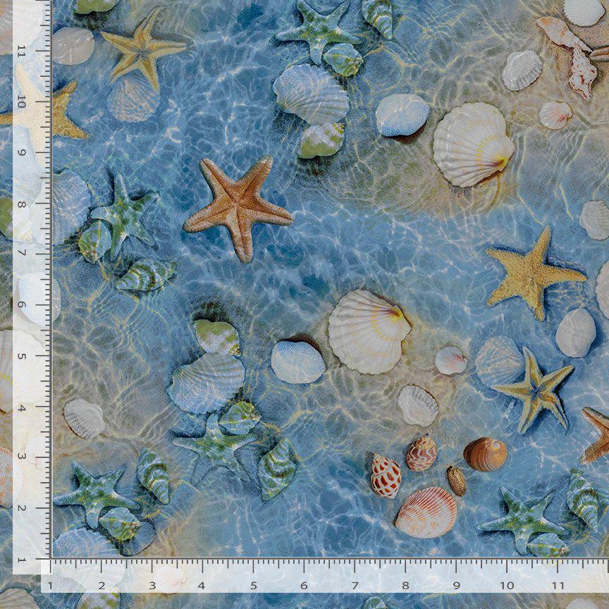 Beach Shell Fabric - 100% Cotton - Ocean Starfish Sea Life Tropical Vacation Scuba Diving Swimming