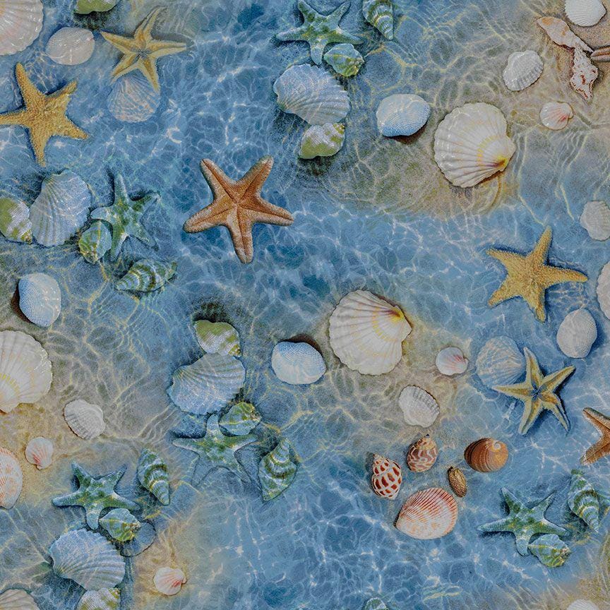 Beach Shell Fabric - 100% Cotton - Ocean Starfish Sea Life Tropical Vacation Scuba Diving Swimming