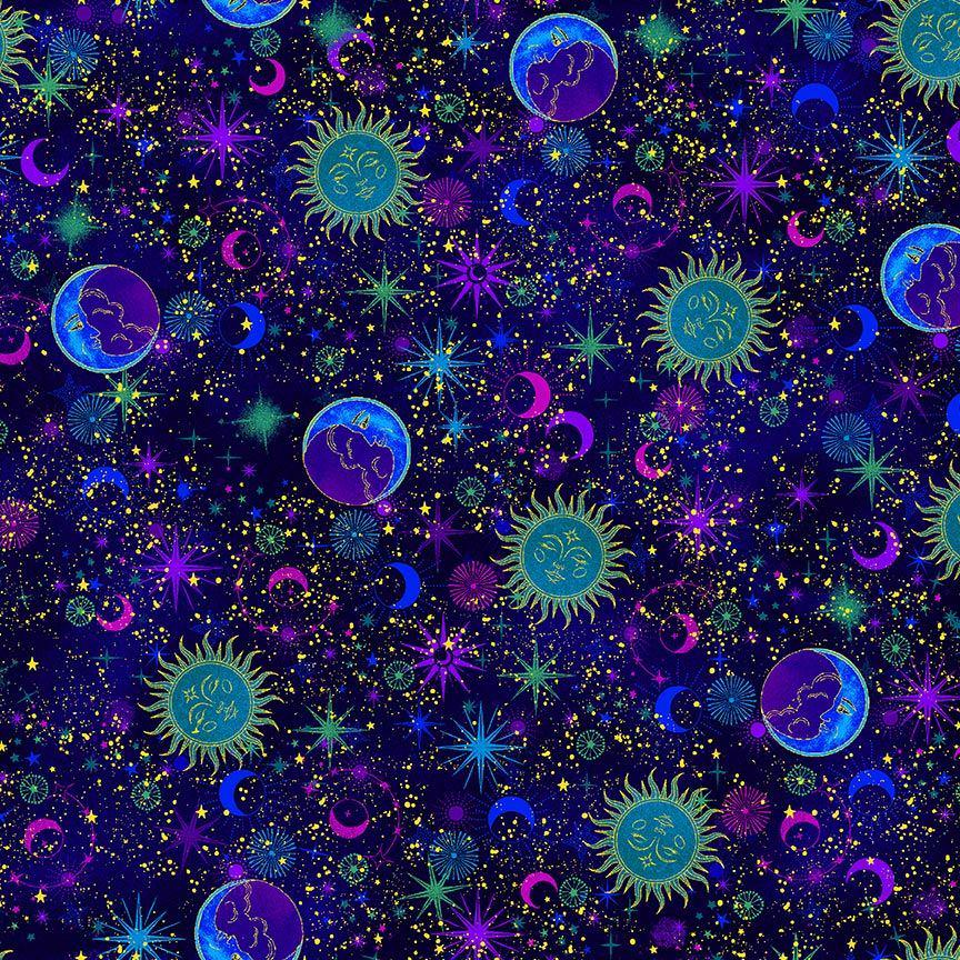 METALLIC Sun Moon Star Fabric - 100% Cotton - Celestial Galaxy - Timeless Treasures