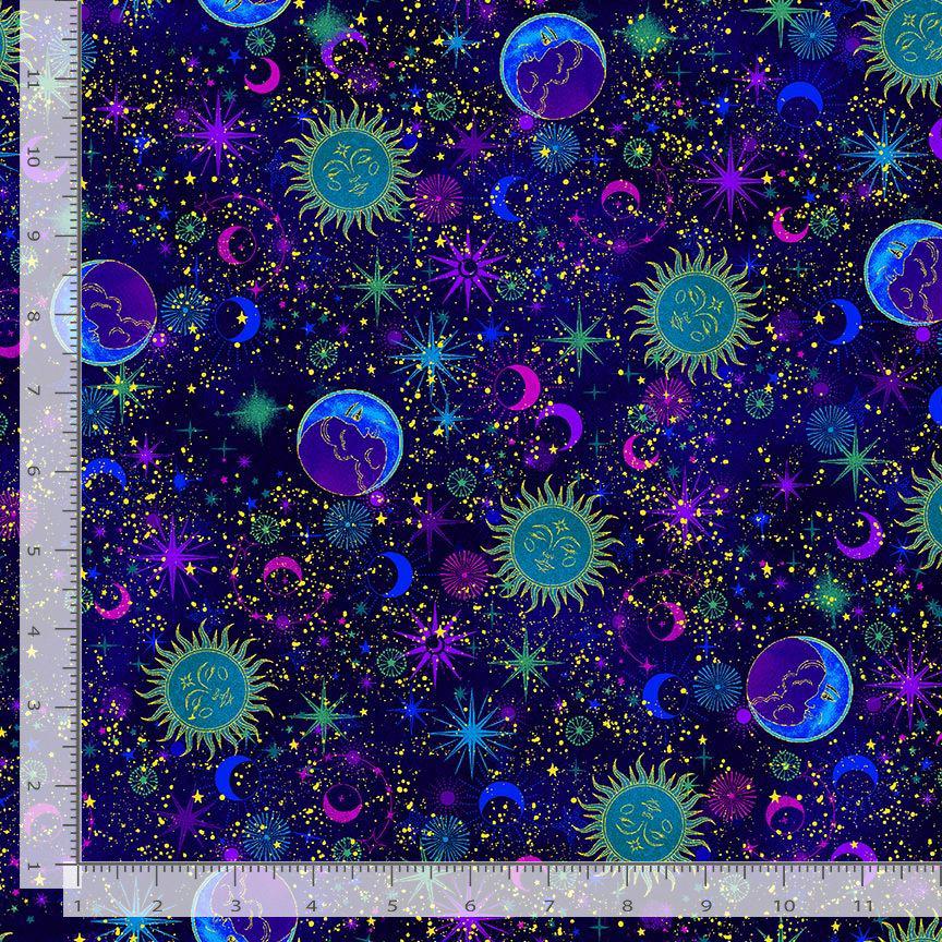 METALLIC Sun Moon Star Fabric - 100% Cotton - Celestial Galaxy - Timeless Treasures