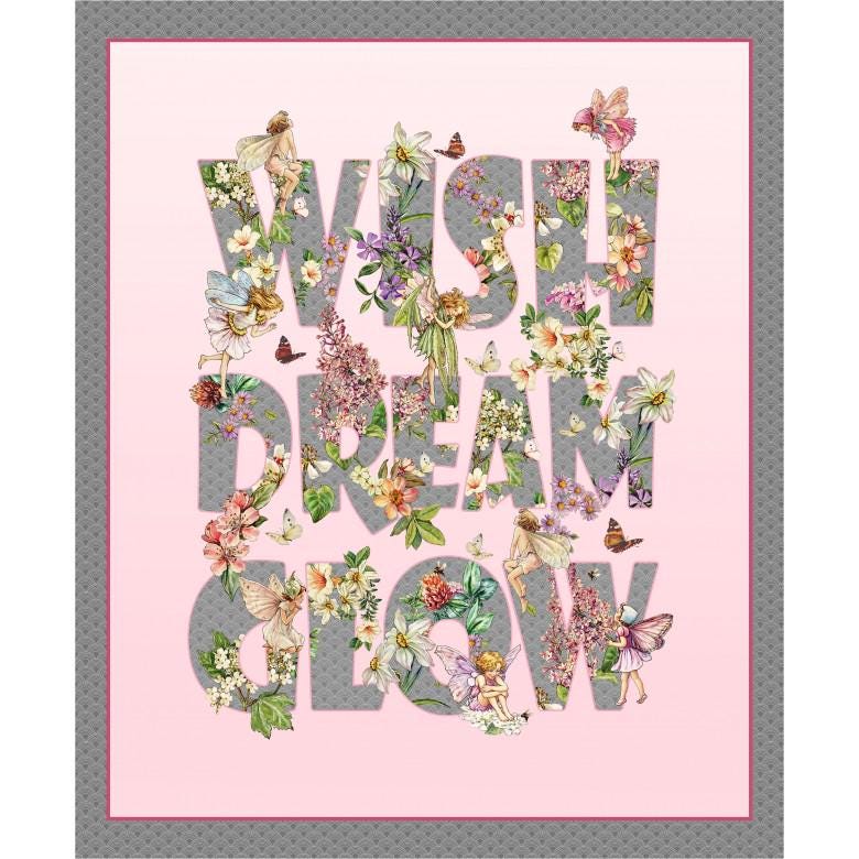 May include: A pink and gray decorative print featuring the words "WISH DREAM GLOW" in large gray letters. The letters are filled with colorful flowers, butterflies, and fairy illustrations. The print has a gray dotted border.