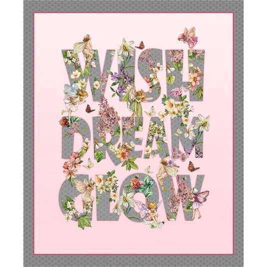 May include: A pink and gray decorative print featuring the words "WISH DREAM GLOW" in large gray letters. The letters are filled with colorful flowers, butterflies, and fairy illustrations. The print has a gray dotted border.