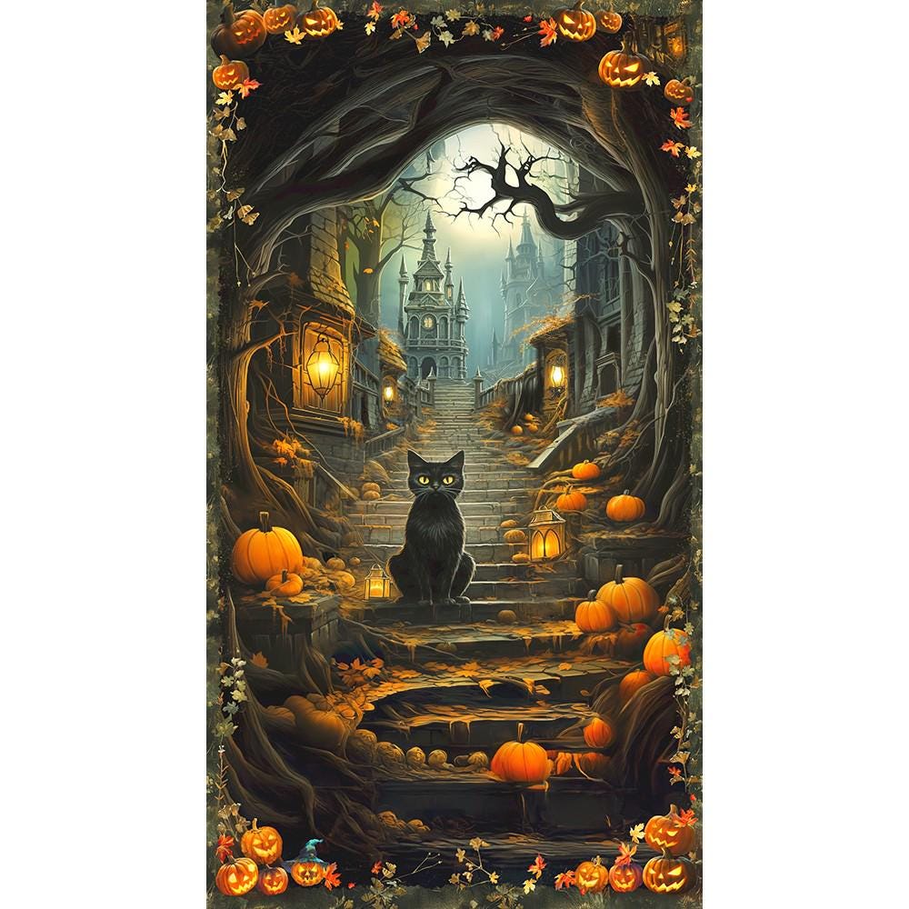 Cat Halloween Fabric Panel - 24" x 44" - 100% cotton - Robert Kaufman - APYD-23691-282