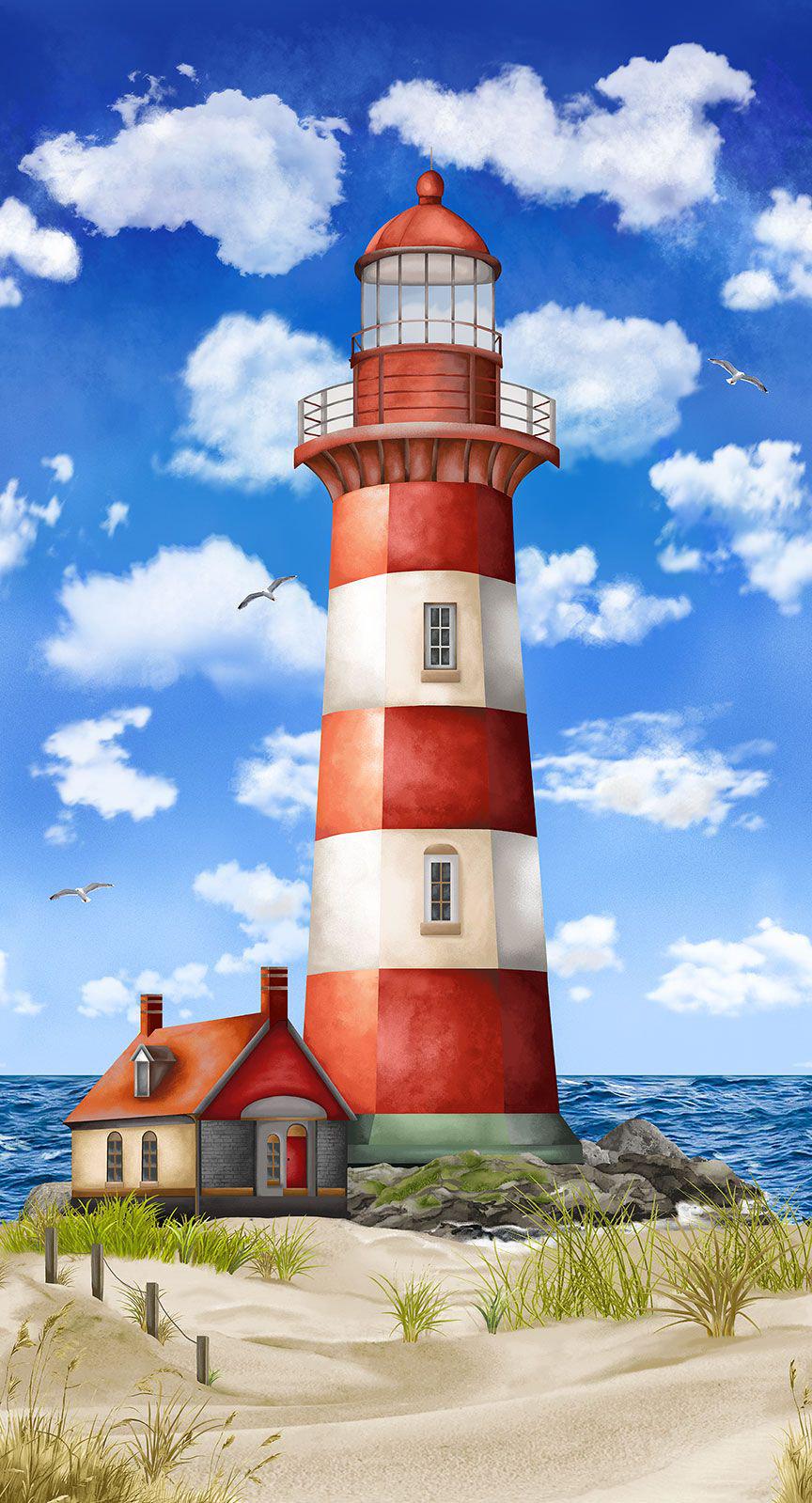 Lighthouse Fabric Panel 24" x 44" - Timeless Treasures CD3760 - 100% Cotton