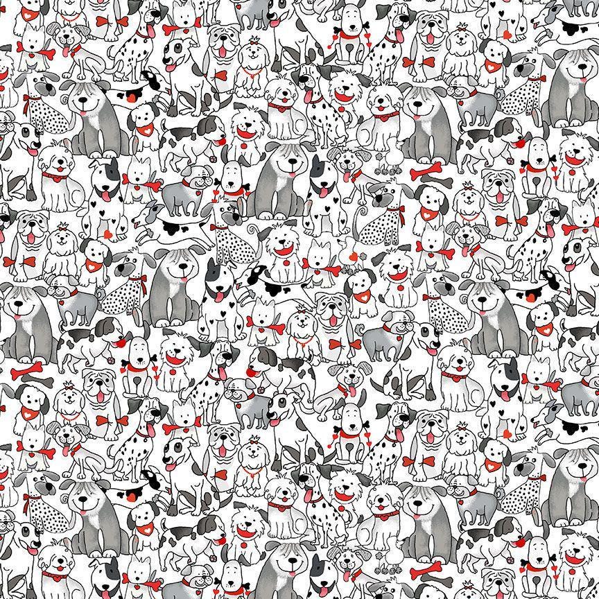 May include: A repeating pattern of cartoon dogs in various poses and colors, including gray, black, and white. Many dogs wear red bandanas or hold bones. The background is white, creating a playful and lively design.