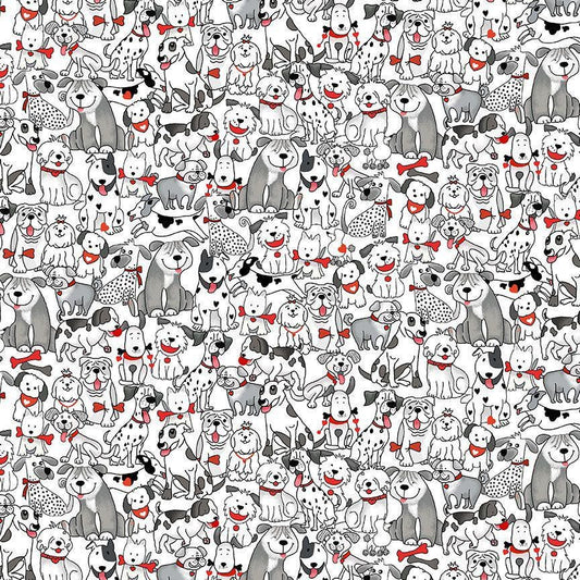 May include: A repeating pattern of cartoon dogs in various poses and colors, including gray, black, and white. Many dogs wear red bandanas or hold bones. The background is white, creating a playful and lively design.
