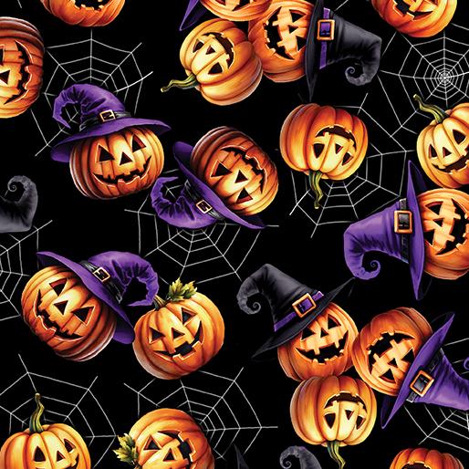 Halloween Pumpkin Fabric - Benartex - Jack-O'-Lantern Festival Black - 100% Cotton
