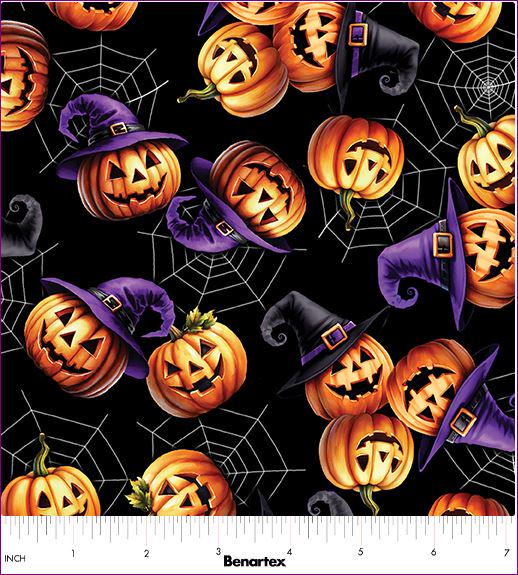 Halloween Pumpkin Fabric - Benartex - Jack-O'-Lantern Festival Black - 100% Cotton