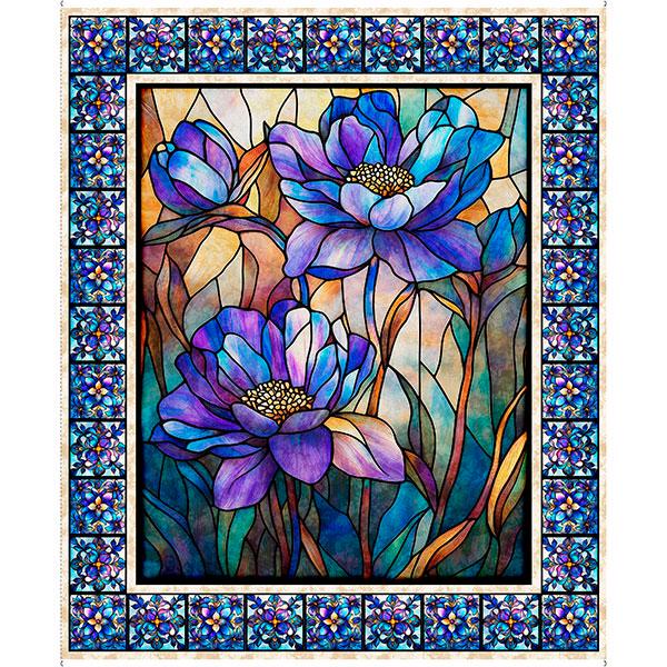 Floral stained glass FABRIC PANEL - 36" x 44" - 100% Cotton - Mosaic Blooms - QT Fabrics