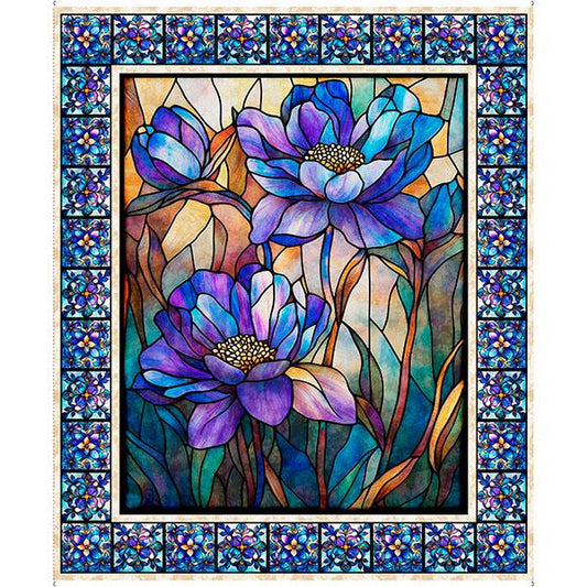 Floral stained glass FABRIC PANEL - 36" x 44" - 100% Cotton - Mosaic Blooms - QT Fabrics