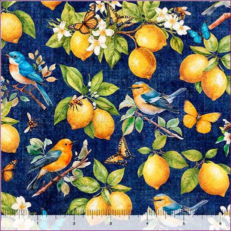Lemons and Birds Fabric - Citrus Bliss - QT - 100% cotton