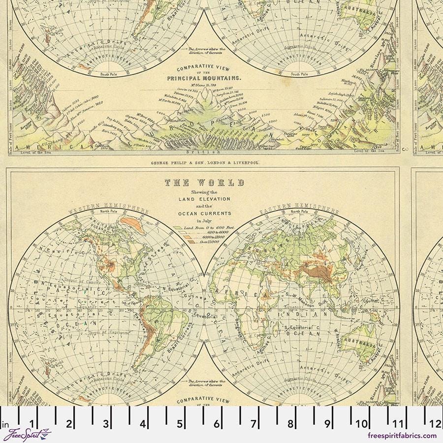 Tim Holtz Green Map Fabric - 100% Cotton - FreeSpirit - Eclectic Elements