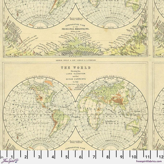 Tim Holtz Green Map Fabric - 100% Cotton - FreeSpirit - Eclectic Elements