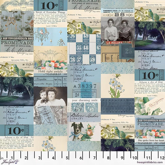 Tim Holtz Blue Collage - 100% Cotton Fabric - FreeSpirit - Eclectic Elements - Cheater quilt