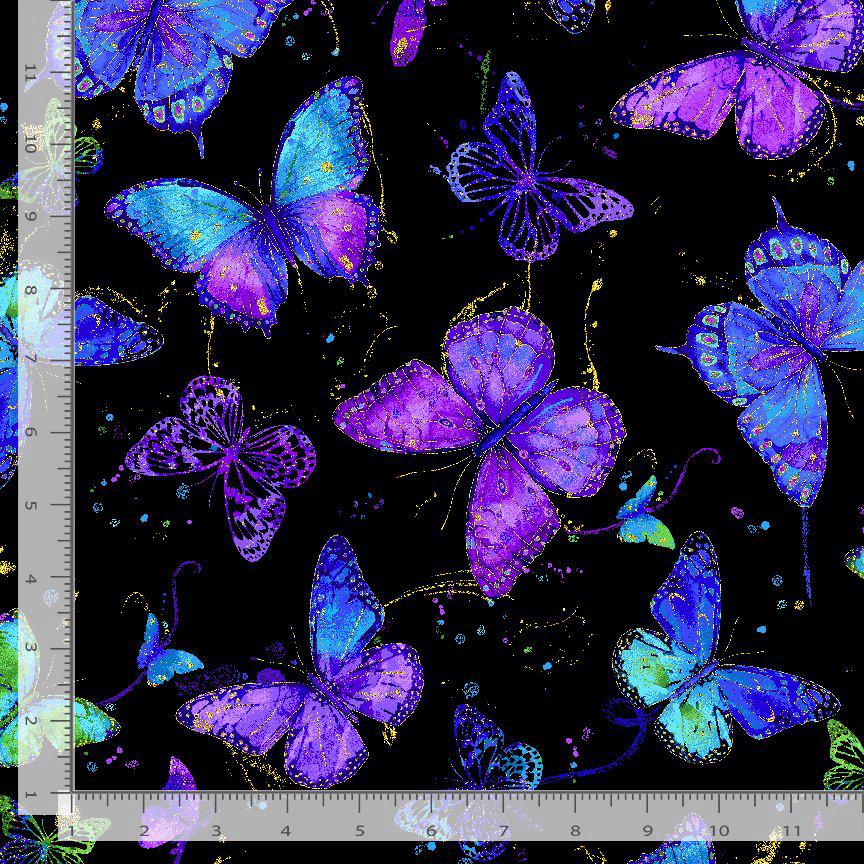 Flying Butterflies Fabric with METALLIC gold - Chong A Hwang for Timeless Treasures - 100% Cotton