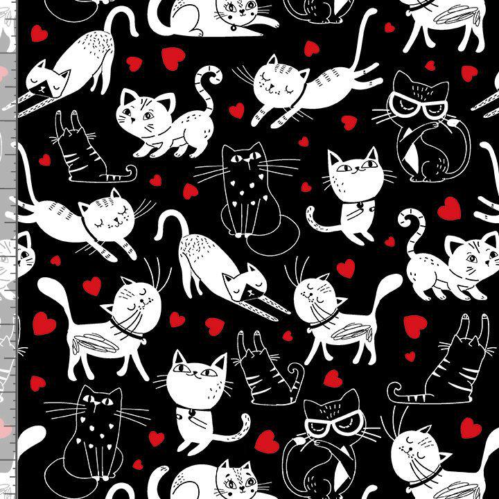 Tossed Cats and Hearts fabric - 100% Cotton - Timeless Treasures - Smitten Kitten - CD3833