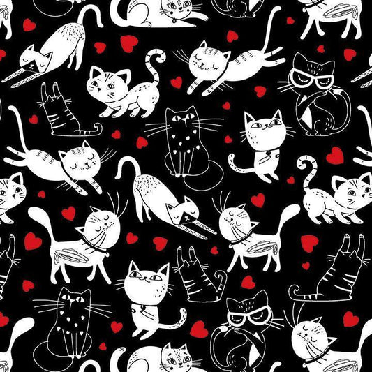 Tossed Cats and Hearts fabric - 100% Cotton - Timeless Treasures - Smitten Kitten - CD3833