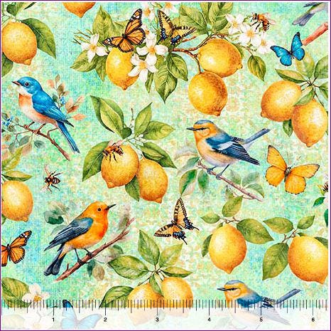Lemons and Birds Fabric - Citrus Bliss - QT - 100% cotton