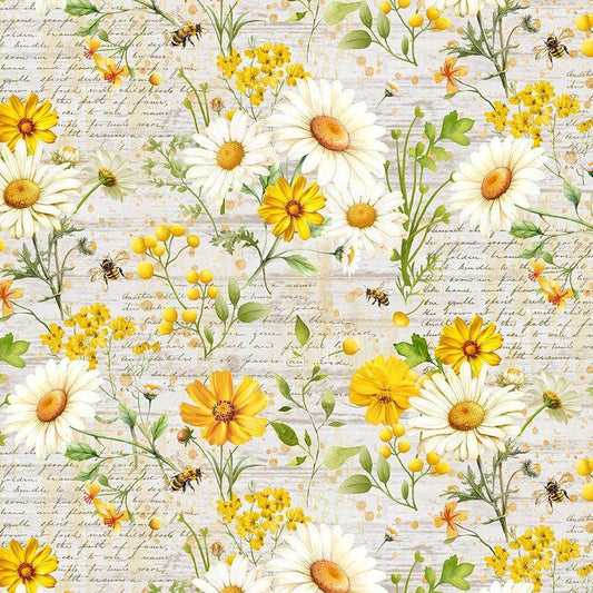 Daisies and Sunflowers with Text Fabric - Timeless Treasures - 100% Cotton - CD3881