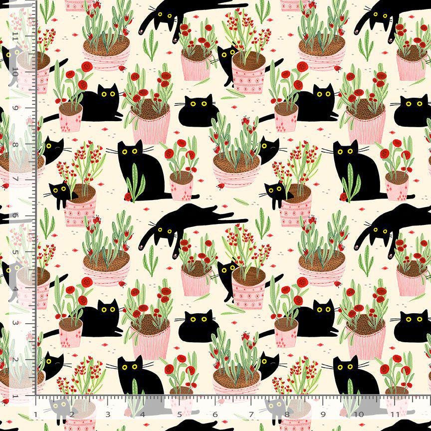 Cat fabric - Dear Stella - Amewsing - 100% Cotton -Leezaworks - Black Cat Gardening kitty garden pot