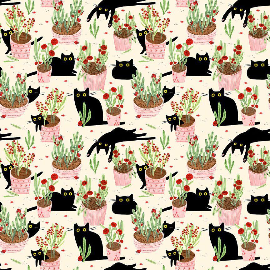 Cat fabric - Dear Stella - Amewsing - 100% Cotton -Leezaworks - Black Cat Gardening kitty garden pot