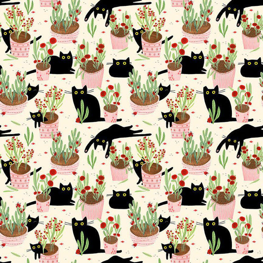 Cat fabric - Dear Stella - Amewsing - 100% Cotton -Leezaworks - Black Cat Gardening kitty garden pot