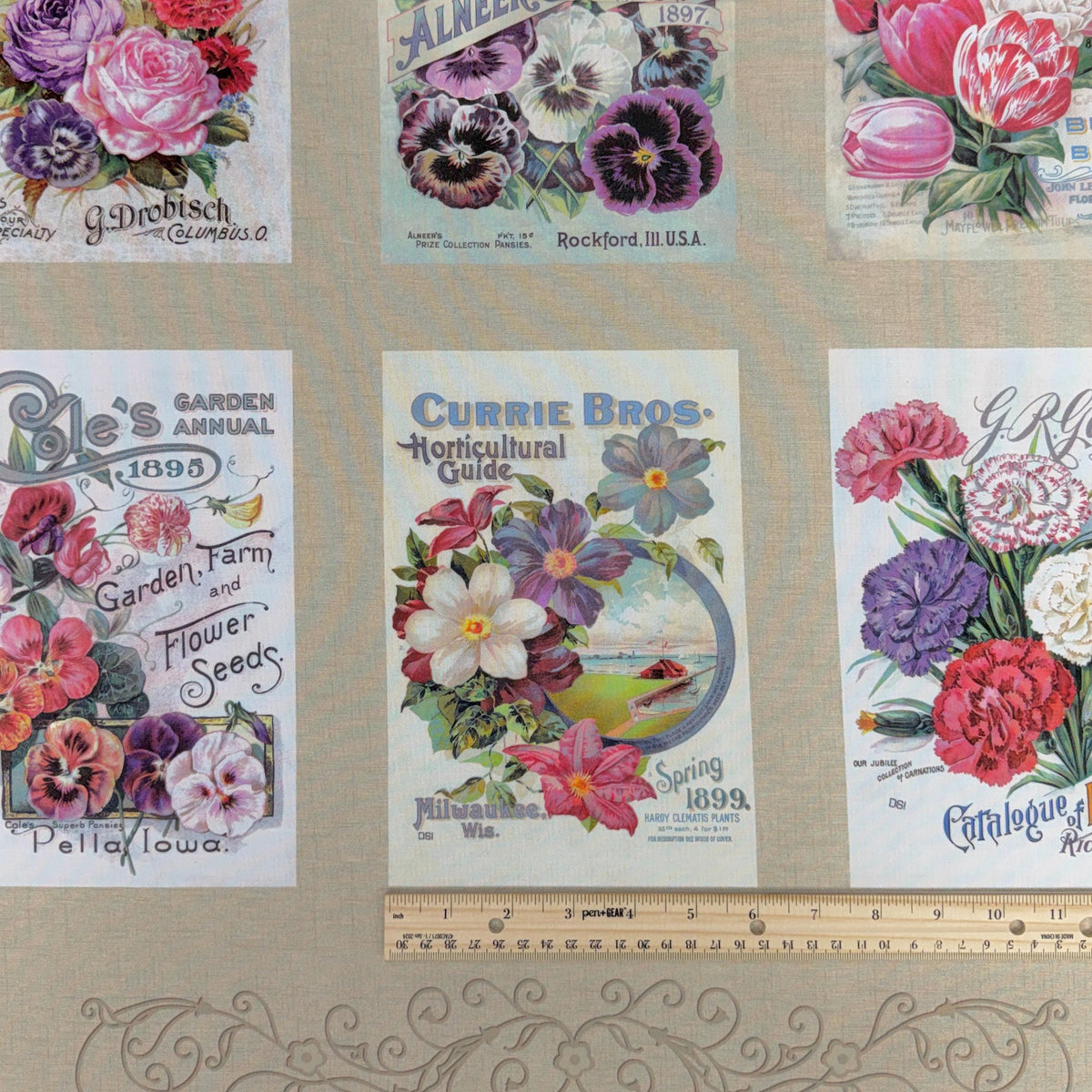Seed Catalog Fabric Panel - 24" x 44" - 100% cotton - Marcus Fabrics - Cottage Lace Collection