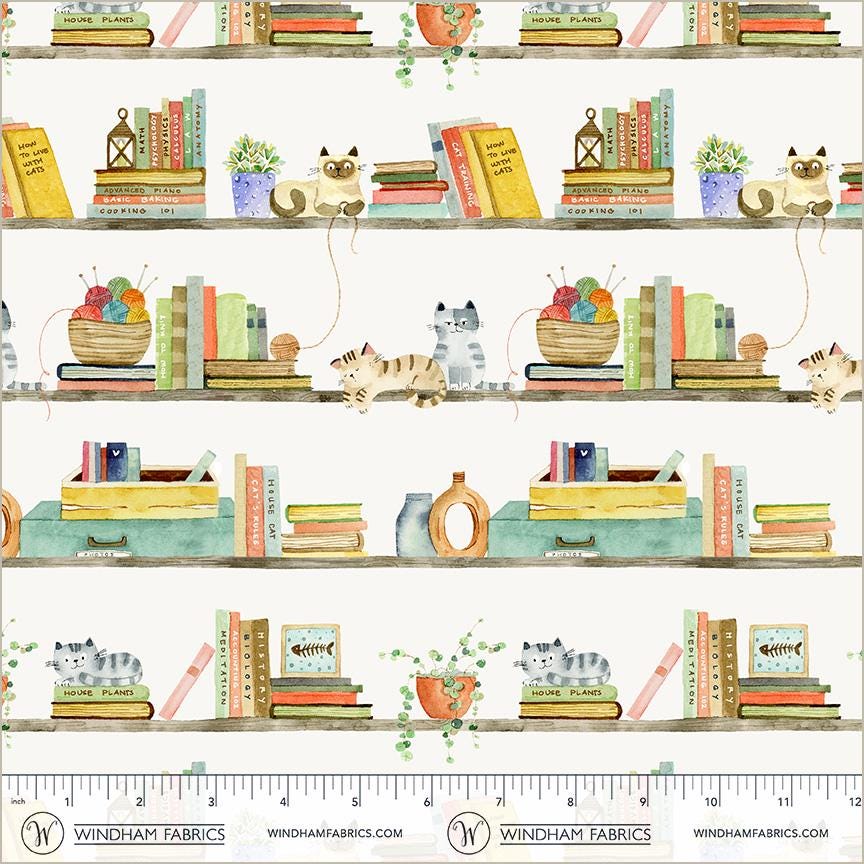 Cat fabric - Cats and Books - 100% Cotton - Windham - Cats Around Town