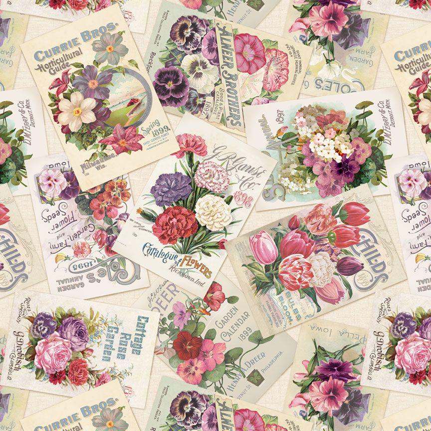 Seed Catalog Fabric - Cottage Lace collection - 100% Cotton - Marcus Fabrics - R261466D Multi