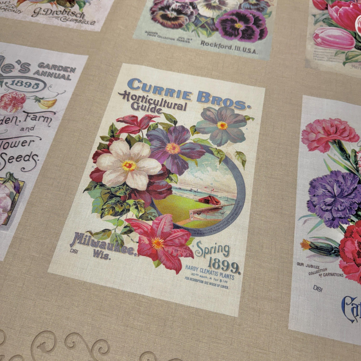 Seed Catalog Fabric Panel - 24" x 44" - 100% cotton - Marcus Fabrics - Cottage Lace Collection