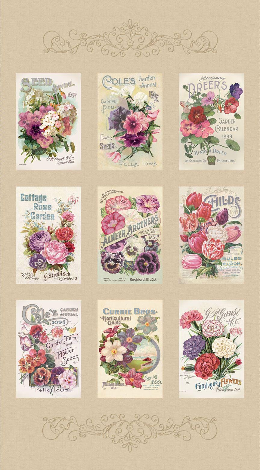 Seed Catalog Fabric Panel - 24" x 44" - 100% cotton - Marcus Fabrics - Cottage Lace Collection