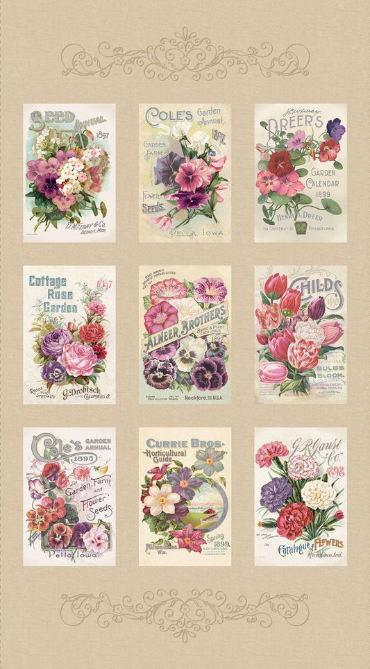 Seed Catalog Fabric Panel - 24" x 44" - 100% cotton - Marcus Fabrics - Cottage Lace Collection
