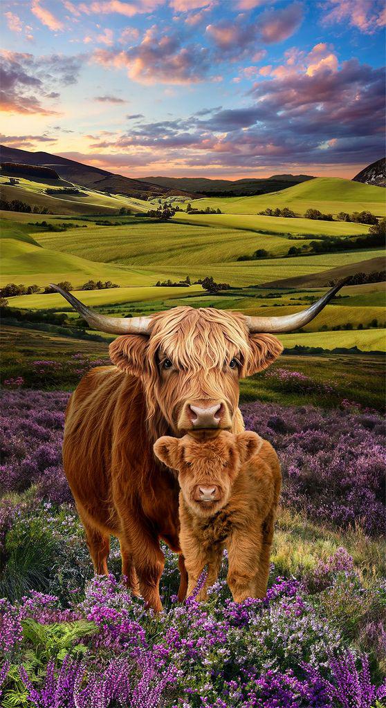 Highland Cow Fabric Panel - 24" x 44" - 100% cotton - Timeless Treasures - Heather & Highland